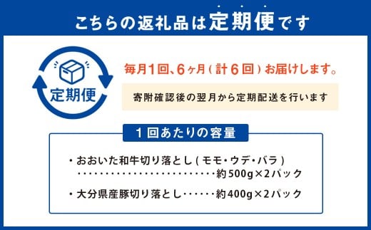 【6ヶ月定期】 【切り落とし対決！】 おおいた和牛切り落とし 約1kg（約500g×2）と大分県産「米の恵み」豚切り落とし 約800g（約400g×2） 計約1.8kg