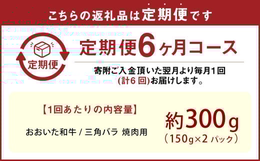 【6カ月定期便】【黒毛和牛】 おおいた和牛/三角バラ 焼肉用 約150g×2P（計約300g）×6回 計約1.8kg