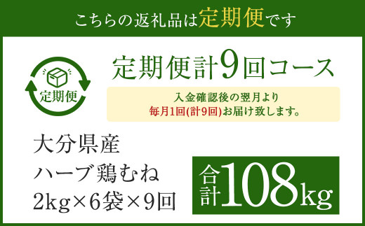 【1ヶ月毎9回定期便】大分県産ハーブ鶏むね 計108kg