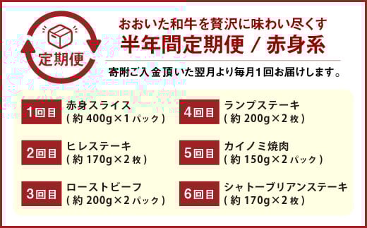 【6カ月定期便】毎月お届け！ おおいた和牛を贅沢に味わい尽くす半年間定期便/赤身系 計約2.18kg