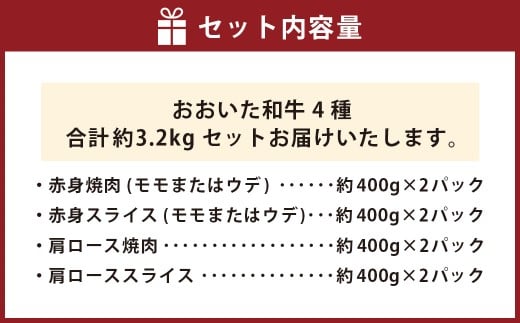 【焼肉・しゃぶしゃぶ食べ比べ】 おおいた和牛（赤身焼肉・赤身スライス・肩ロース焼肉・肩ローススライス） 各約800g 計約3.2kg
