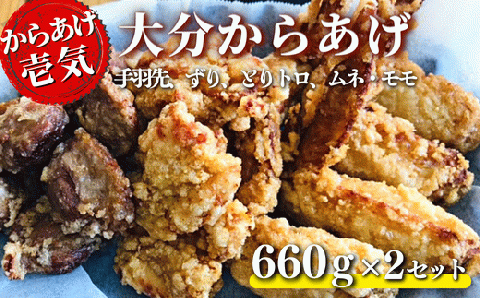 【からあげ壱気】 大分からあげ 660g×2セット（モモ、とりトロ、ムネ、ずり、手羽先）
