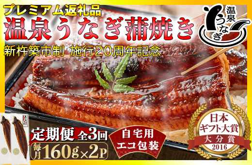 [定期便(毎月)全3回]完全無投薬養殖!温泉うなぎ蒲焼 2尾(160gサイズ) 自宅用 エコ包装 年末 年内発送 [104-803]
