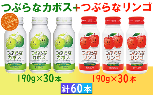 つぶらなカボス30本+つぶらなリンゴ30本(計60本・各1ケース)190g / つぶらな つぶらなカボス つぶらなリンゴ ジュース かぼすドリンク 清涼飲料水 人気 子供 おすすめ 果汁飲料 ご当地ジュース かぼす りんご りんごジュース 飲料 60本 飲み比べ 詰めあわせ ギフト プレゼント セット 贈答 家庭用 JAフーズおおいた [131-205_6]