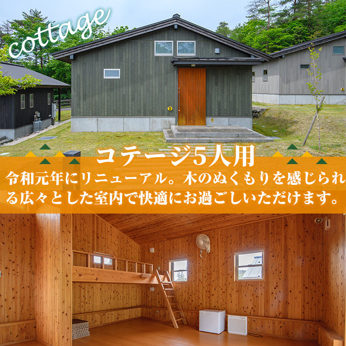 岳切渓谷キャンプ場 ご宿泊券(コテージ5人用・1棟1泊)アウトドア 体験 キャンプ チケット 旅行 宿泊【104800200】【宇佐市役所院内支所産業建設課】