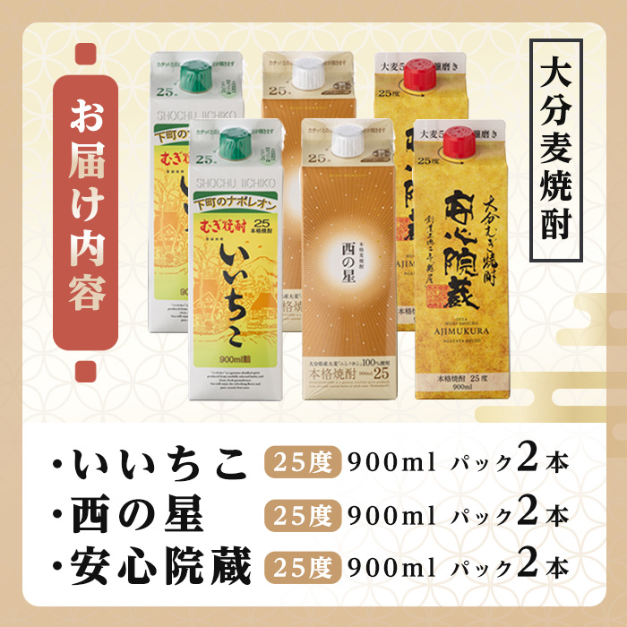 大分むぎ焼酎飲み比べセット(計5.4L・900ml×6本)酒 お酒 むぎ焼酎 900ml いいちこ 西の星 安心院蔵 麦焼酎 常温 飲み比べ 紙パック セット【106104700】【酒のひろた】
