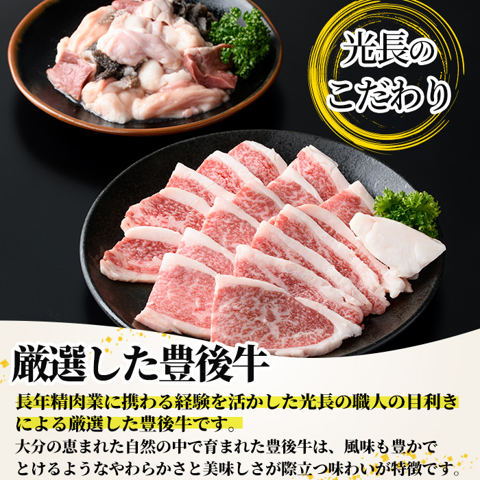 豊後牛 カルビ+ミックスホルモンセット 光長亭 特製タレ付(合計600g+250ml)牛肉 お肉 カルビ ホルモン センマイ ハツ 焼肉のたれ【109900200】【ショッピングストアー光長】