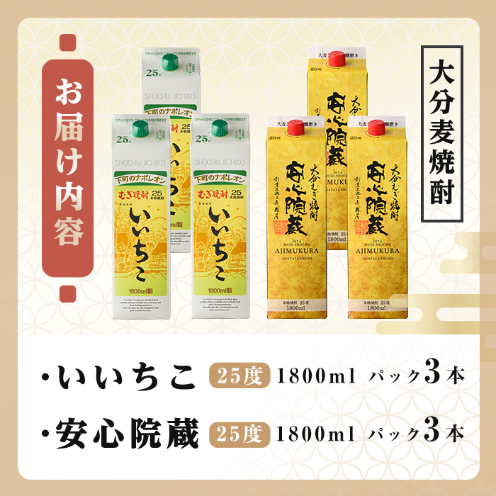 いいちこ、安心院蔵 25度 飲み比べセット(合計10.8L・1800ml×6本) 酒 お酒 むぎ焼酎 1800ml いいちこ 安心院蔵 麦焼酎 常温 飲み比べ セット 紙パック【106106000】【酒のひろた】