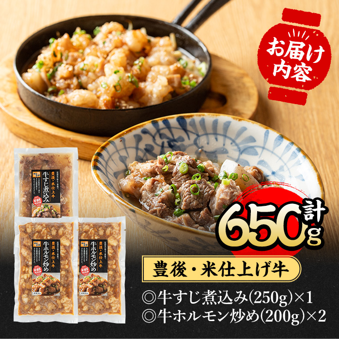 豊後米仕上げ牛牛すじ煮込み＋牛ホルモン炒めセット(合計650g・3パック)牛肉 お肉 小腸 おかず おつまみ 小分け 簡単調理 惣菜 時短【111100401】【神楽茶屋】