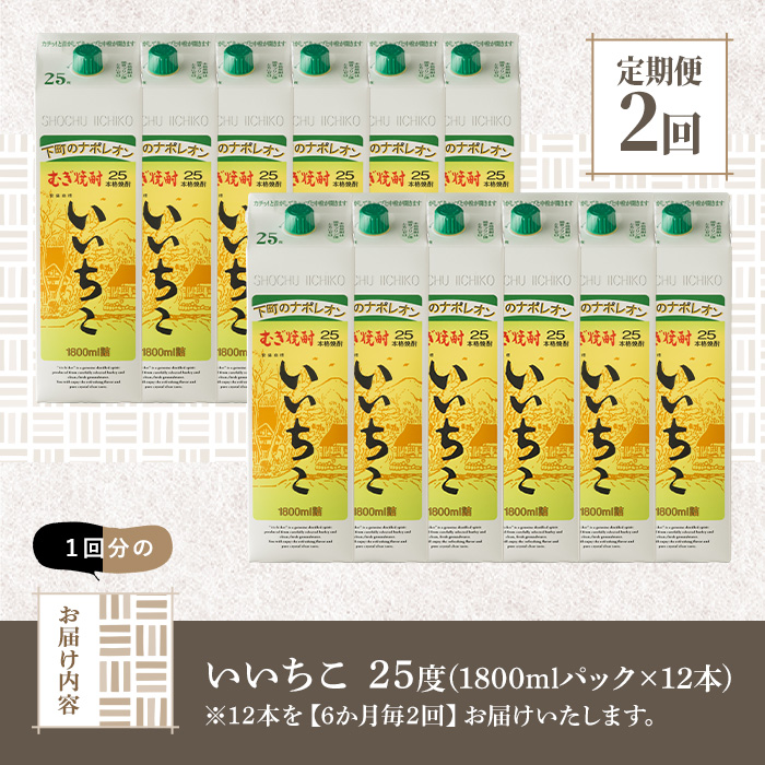 ＜定期便・全2回(6ヶ月毎)＞いいちこ 25度 パック(総量24本・1800ml×12本×2回)酒 お酒 むぎ焼酎 1800ml 麦焼酎 常温 いいちこ 三和酒類 紙パック【207300400】【時枝酒店】