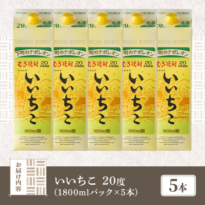 いいちこ 20度 パック(計9L・1.8L×5本)酒 お酒 むぎ焼酎 1800ml 麦焼酎 常温 いいちこ 三和酒類 紙パック【107303300】【時枝酒店】