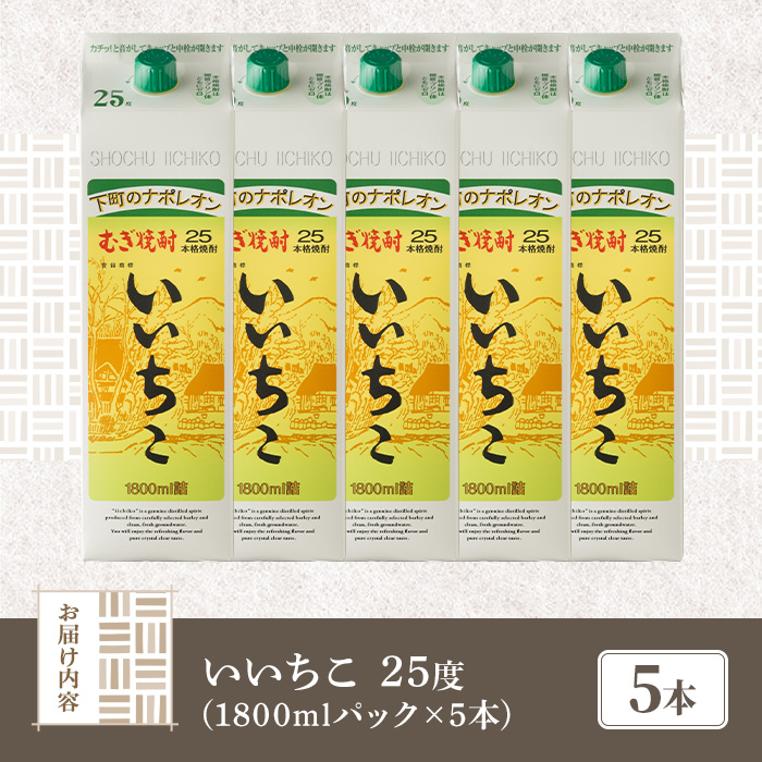 いいちこ 25度 パック(計9L・1.8L×5本)酒 お酒 むぎ焼酎 1800ml 麦焼酎 常温 いいちこ 三和酒類 紙パック【107303600】【時枝酒店】