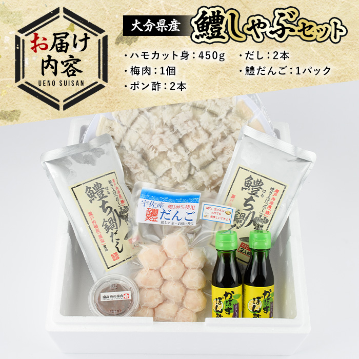 鱧しゃぶ セット(はもカット450g・鱧だんご、だし、ポン酢、梅肉付) はも ハモ しゃぶしゃぶ 豊前海 冷凍 だんご 鍋 おかず 勝負めし 【101900900】【上野水産】