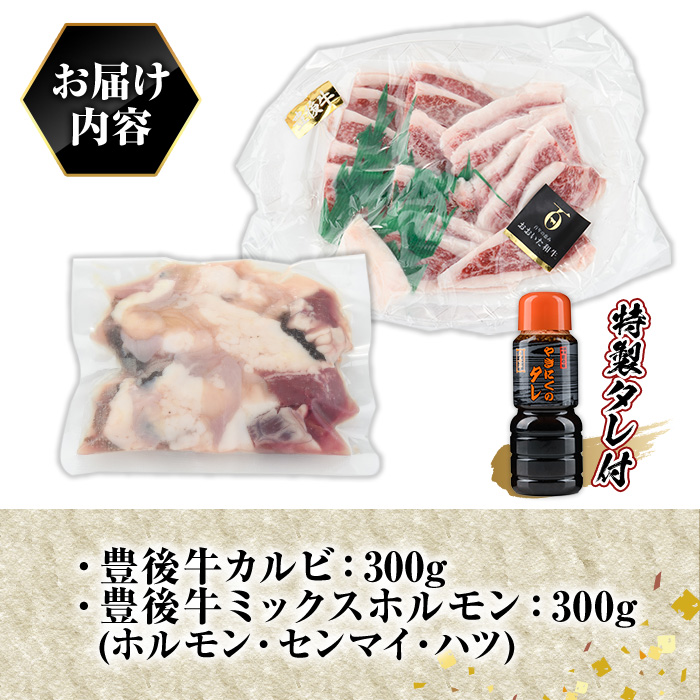 豊後牛 カルビ+ミックスホルモンセット 光長亭 特製タレ付(合計600g+250ml)牛肉 お肉 カルビ ホルモン センマイ ハツ 焼肉のたれ【109900200】【ショッピングストアー光長】