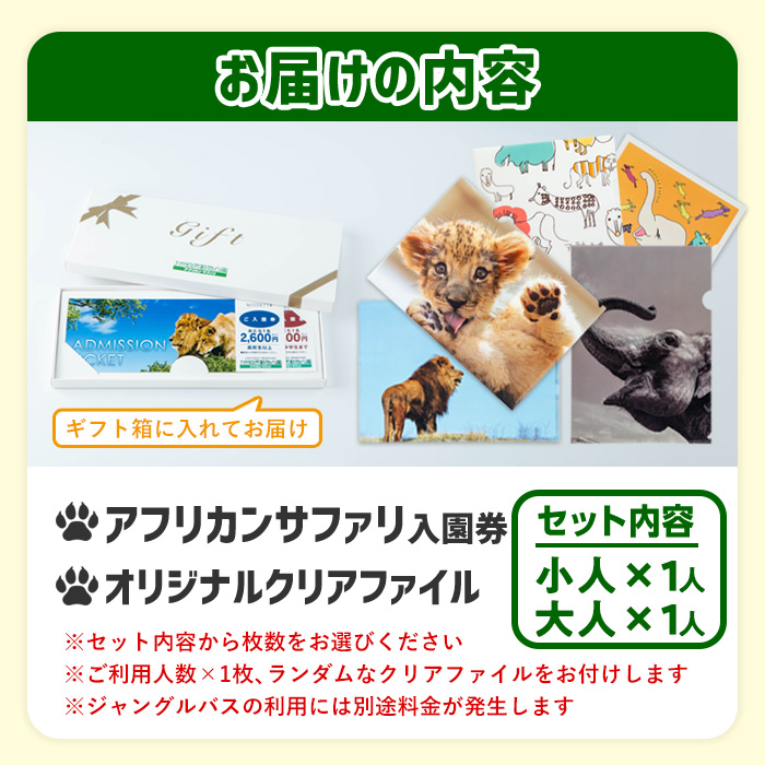 アフリカンサファリ入園券とオリジナルクリアファイルのセット(入園券(大人1枚・小人1枚)とクリアファイル)チケット 動物園 サファリパーク形動物園 家族旅行 デート 観光【110600400】【九州アフリカ・ライオン・サファリ】