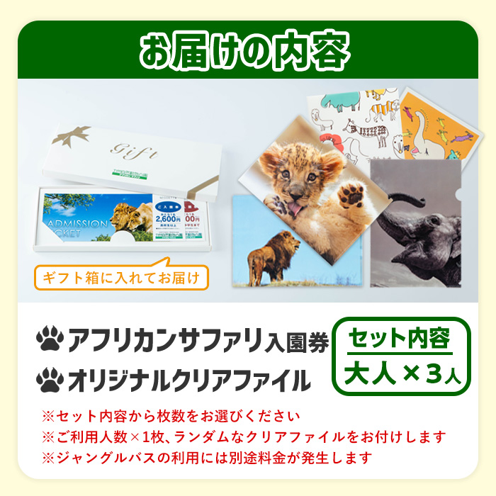 アフリカンサファリ入園券とオリジナルクリアファイルのセット(入園券(大人3枚)とクリアファイル)チケット 動物園 サファリパーク形動物園 家族旅行 デート 観光【110601200】【九州アフリカ・ライオン・サファリ】