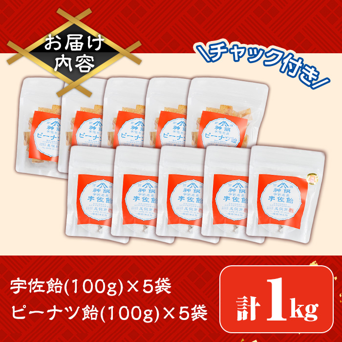 宇佐飴・ピーナツ飴 詰め合わせ(計1kg・100g×各5袋) ピーナッツ あめ お菓子 おかし おやつ 落花生 【112800601】【岡部商事】