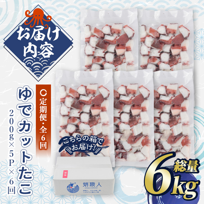 ＜定期便・全6回(隔月)＞ゆでカットたこ (総量6kg・200g×5P×6回) たこ タコ 蛸 ぶつ切り 茹で 小分け 海鮮 魚介 海産物 冷凍 国産 【206800400】【網中水産】