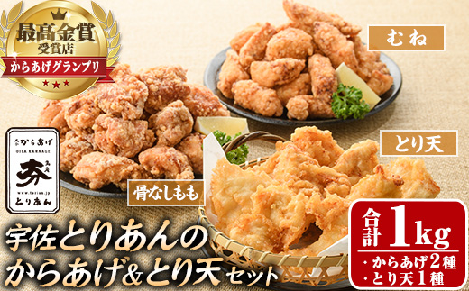 ＜からあげグランプリ最高金賞＞宇佐 とりあんのからあげ・大分名物鶏天セット(合計1kg・3種)から揚げ からあげ 鶏天 とり天 簡単 冷凍 惣菜 お弁当 おかず おつまみ 名物 セット【1035100200】【BOROYA】