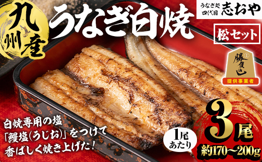 うなぎ処 四代目 志おや 九州産うなぎ 白焼(松・3本)うなぎ 鰻 ウナギ 国産 九州産 白焼き 調味料付き 勝負めし【109400401】【志おや】