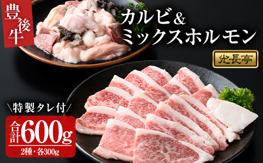 豊後牛 カルビ+ミックスホルモンセット 光長亭 特製タレ付(合計600g+250ml)牛肉 お肉 カルビ ホルモン センマイ ハツ 焼肉のたれ【109900200】【ショッピングストアー光長】