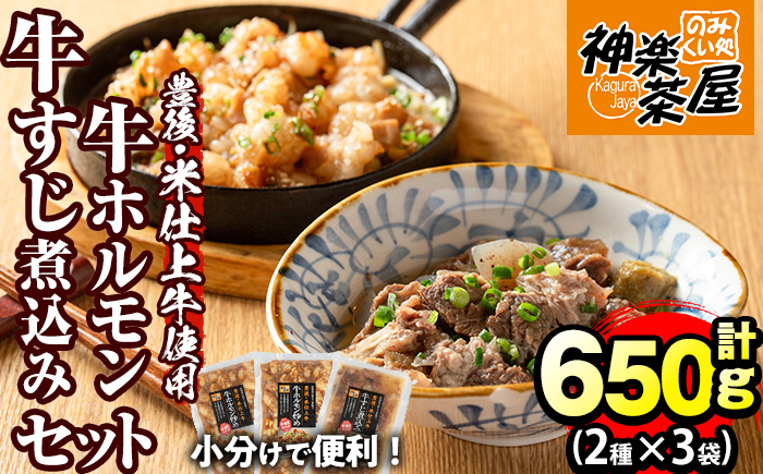 豊後米仕上げ牛牛すじ煮込み＋牛ホルモン炒めセット(合計650g・3パック)牛肉 お肉 小腸 おかず おつまみ 小分け 簡単調理 惣菜 時短【111100401】【神楽茶屋】