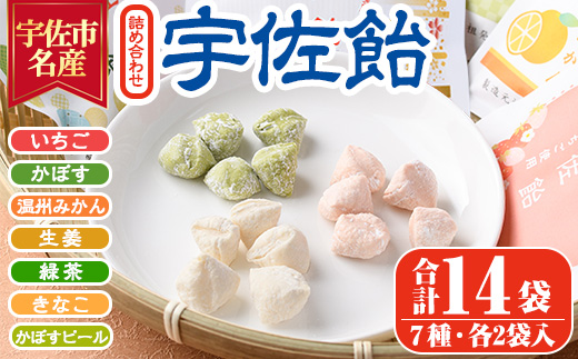 宇佐飴 詰め合わせ(14袋)あめ お菓子 おかし おやつ 苺 いちご かぼす 温州みかん しょうが 生姜 緑茶 きなこ きな粉 かぼすピール【112800501】【岡部商事】