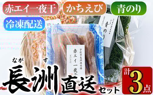 長洲港直送セット2(計3種)おつまみ 海老 赤えび 干物 乾物 赤エイの一夜干し かちえび 青のり【114300401】【豊永長六商店】