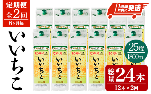 ＜定期便・全2回(6ヶ月毎)＞いいちこ 25度 パック(総量24本・1800ml×12本×2回)酒 お酒 むぎ焼酎 1800ml 麦焼酎 常温 いいちこ 三和酒類 紙パック【207300400】【時枝酒店】