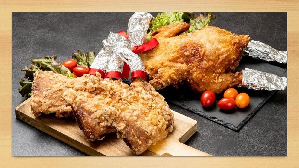 まる揚げ1羽（約1.2kg）・骨付きもも揚げ3本（約220ｇ×3本）セット