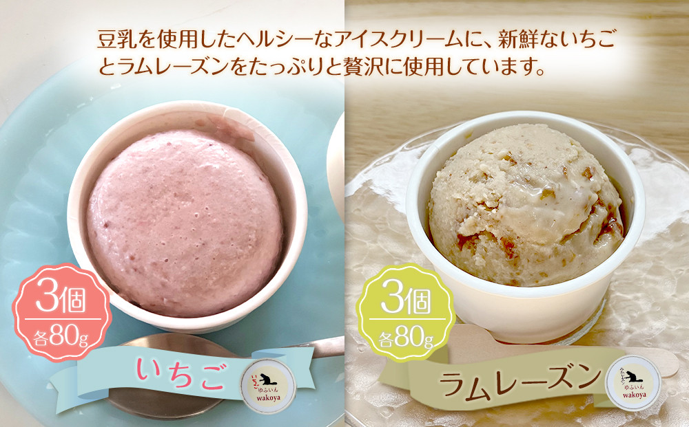 豆乳いちごアイス＆豆乳ラムレーズンアイスセット 約80g×各3個入り 計6個【ゆふいんwakoya】
