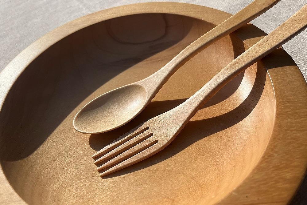 ＜湯布院・カトラリー専門　甲斐のぶお工房＞木製 スプーン・フォーク 2点セット（カレー・パスタ用）