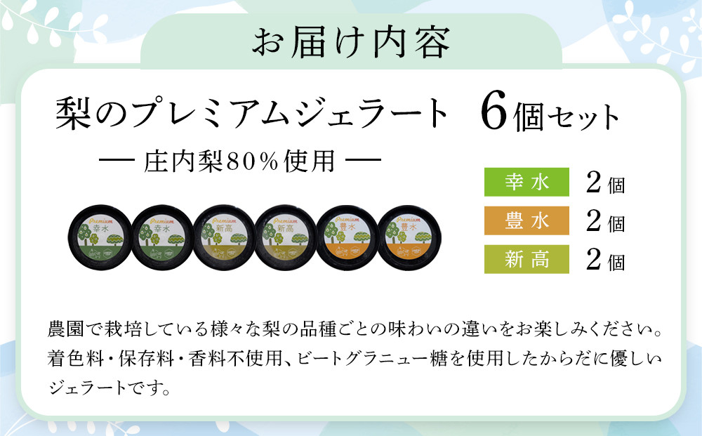 ＜庄内梨80％使用＞梨のプレミアムジェラート 6個 セット（幸水・豊水・新高 各2個）