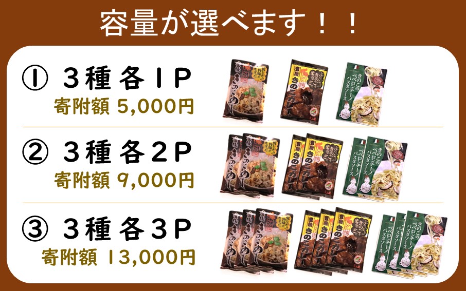 【選べる容量】大分きのこのレトルトセット（カレー、炊き込みご飯の素、パスタソース／各２P）合計6P 椎茸 しいたけ シイタケ 簡単 手軽 ストック_2651R-2