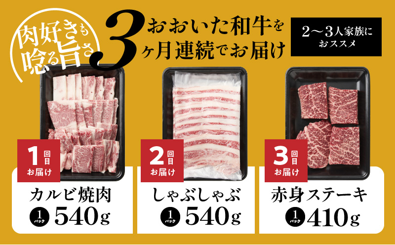 おおいた和牛の3ヶ月定期便 カルビ焼肉 しゃぶしゃぶ 赤身ステーキ _2499R