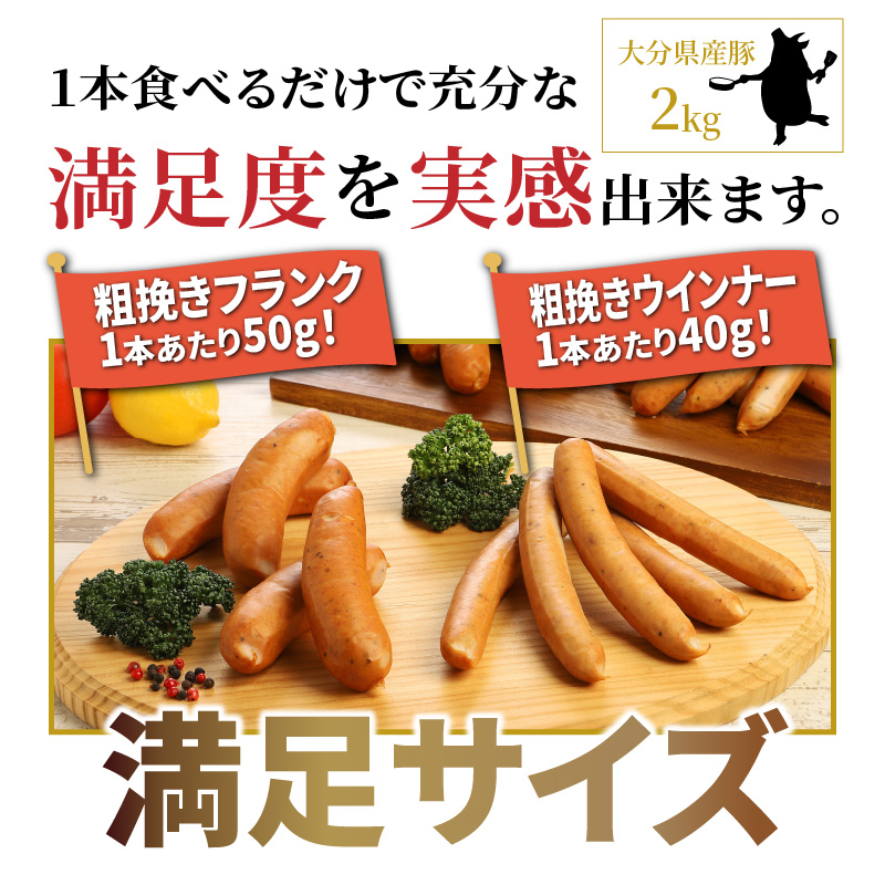 【ご好評につき2～3ヶ月待ち】食べ応え倍増!粗挽きウインナー＆フランク2kg ソーセージ フランク 国産 大分県産豚 豚肉 鶏肉 旨味 おかず おつまみ バーベキュー アウトドア キャンプ パーティー_1498R