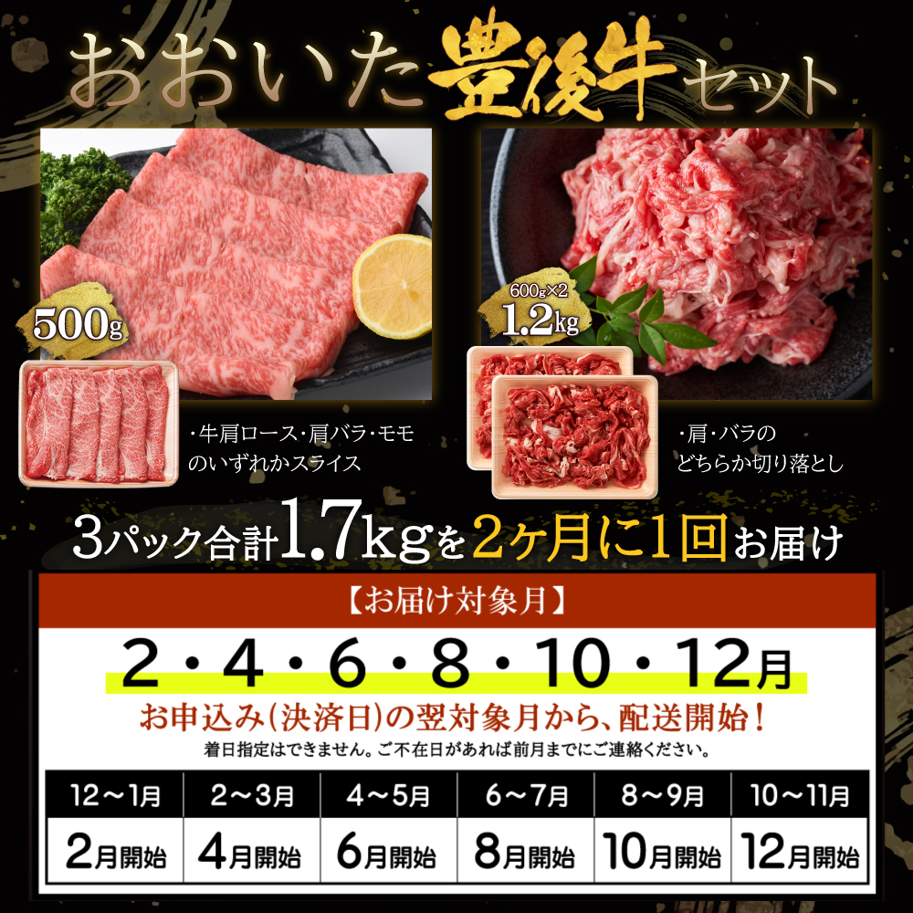 【定期便】偶数月に届く！おおいた豊後牛しゃぶしゃぶすき焼き500gとおおいた豊後牛切り落とし1.2kgセット×6回　D29-S