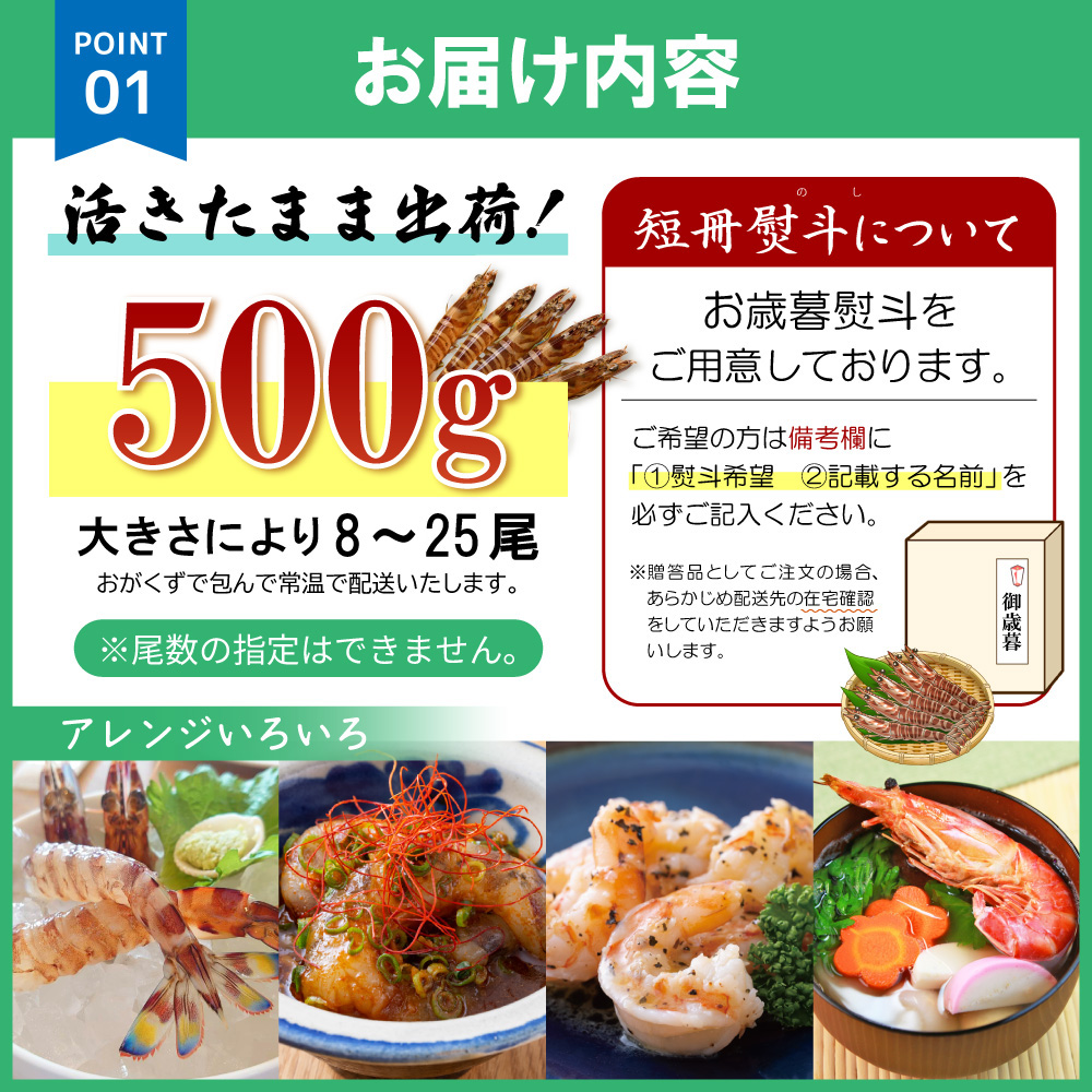 【期間限定】姫島産 活き車えび (養殖) 500g 常温配送 お歳暮ギフト 熨斗可 【宅配ボックス不可】 国産 海鮮 ギフト 刺身 焼き しゃぶしゃぶ A32