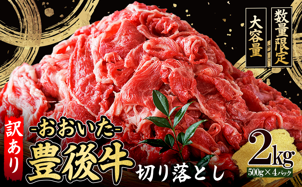 訳あり！【数量限定】おおいた豊後牛切り落とし2kg(500ｇ×4ｐ） D25
