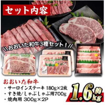 おおいた和牛3種セット 合計1.66kg(サーロインステーキ・すき焼き/しゃぶしゃぶ用・焼肉用)【配送不可地域：離島】