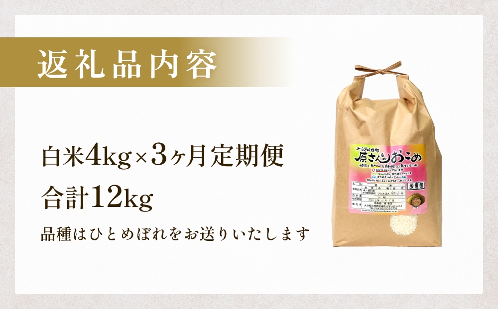 【令和8年産米先行受付】原さんちのお米 白米 ４kg ひとめ