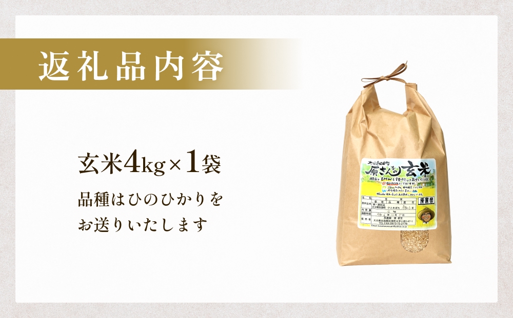 【令和8年産米先行受付】原さんちのお米 玄米 ４kg ひのひ