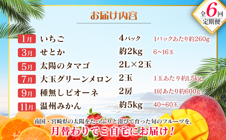【奇数月 6回定期便】旬 人気 フルーツ 南国宮崎産 太陽のタマゴ ピオーネ いちご みかん メロン マンゴー 柑橘 ぶどう 果物 詰め合わせ 宮崎県 九州＜A-1コース M110＞