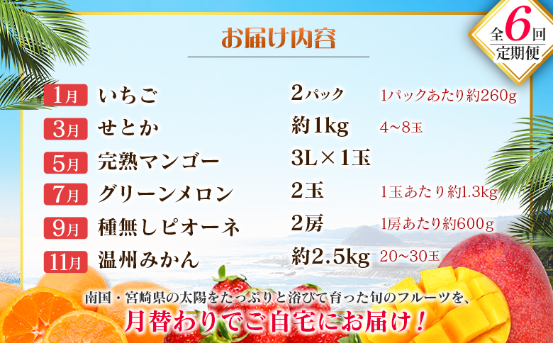 【奇数月 6回定期便】旬 人気 フルーツ 南国宮崎産 マンゴー ピオーネ いちご みかん メロン 柑橘 ぶどう 果物 詰め合わせ 宮崎県 九州＜B-1コース M210＞