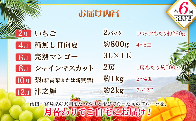 【偶数月 6回定期便】旬 人気 フルーツ 南国宮崎産 マンゴー シャインマスカット いちご 日向夏 梨 みかん 柑橘 ぶどう 果物 詰め合わせ 宮崎県 九州＜B-2コース M220＞