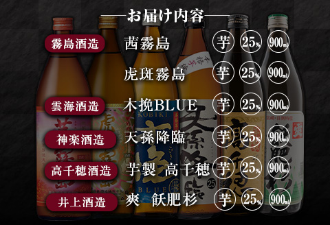 「宮崎県芋焼酎」茜霧島・虎斑霧島・木挽BLUE・天孫降臨・芋製高千穂・爽飫肥杉 25度 900ml瓶 飲み比べ6本セット