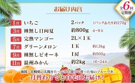 【奇数月 6回定期便】旬 人気 フルーツ 南国宮崎産 マンゴー ピオーネ いちご みかん メロン 日向夏 柑橘 ぶどう 果物 詰め合わせ 宮崎県 九州＜C-1コース M310＞