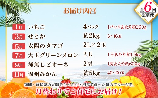 【奇数月 6回定期便】旬 人気 フルーツ 南国宮崎産 太陽のタマゴ ピオーネ いちご みかん メロン マンゴー 柑橘 ぶどう 果物 詰め合わせ 宮崎県 九州＜A-1コース M110＞