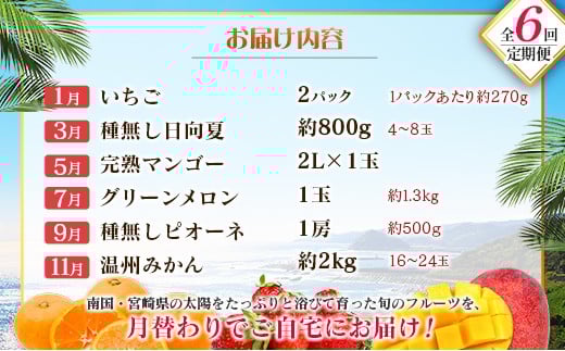 【奇数月 6回定期便】旬 人気 フルーツ 南国宮崎産 マンゴー ピオーネ いちご みかん メロン 日向夏 柑橘 ぶどう 果物 詰め合わせ 宮崎県 九州＜C-1コース M310＞