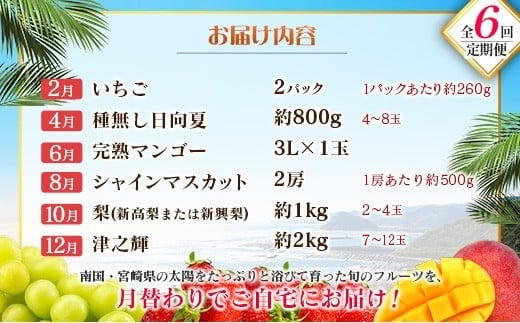 【偶数月 6回定期便】旬 人気 フルーツ 南国宮崎産 マンゴー シャインマスカット いちご 日向夏 梨 みかん 柑橘 ぶどう 果物 詰め合わせ 宮崎県 九州＜B-2コース M220＞
